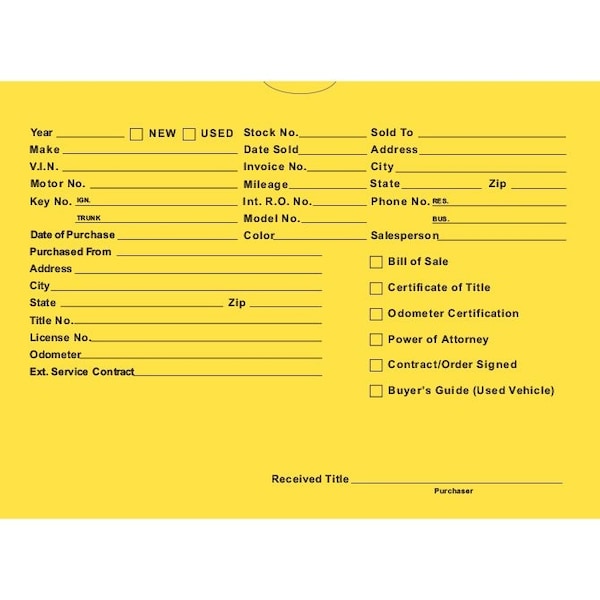 Car Dealer Depot Vhicl Deal Envelopes (Deal Jackets) Printed, 9" X 12"Dsa-546:Yellow Pk 5110-100 - main